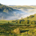 An aerial shot of an amazing mountain landscape in Transylvania, Romania